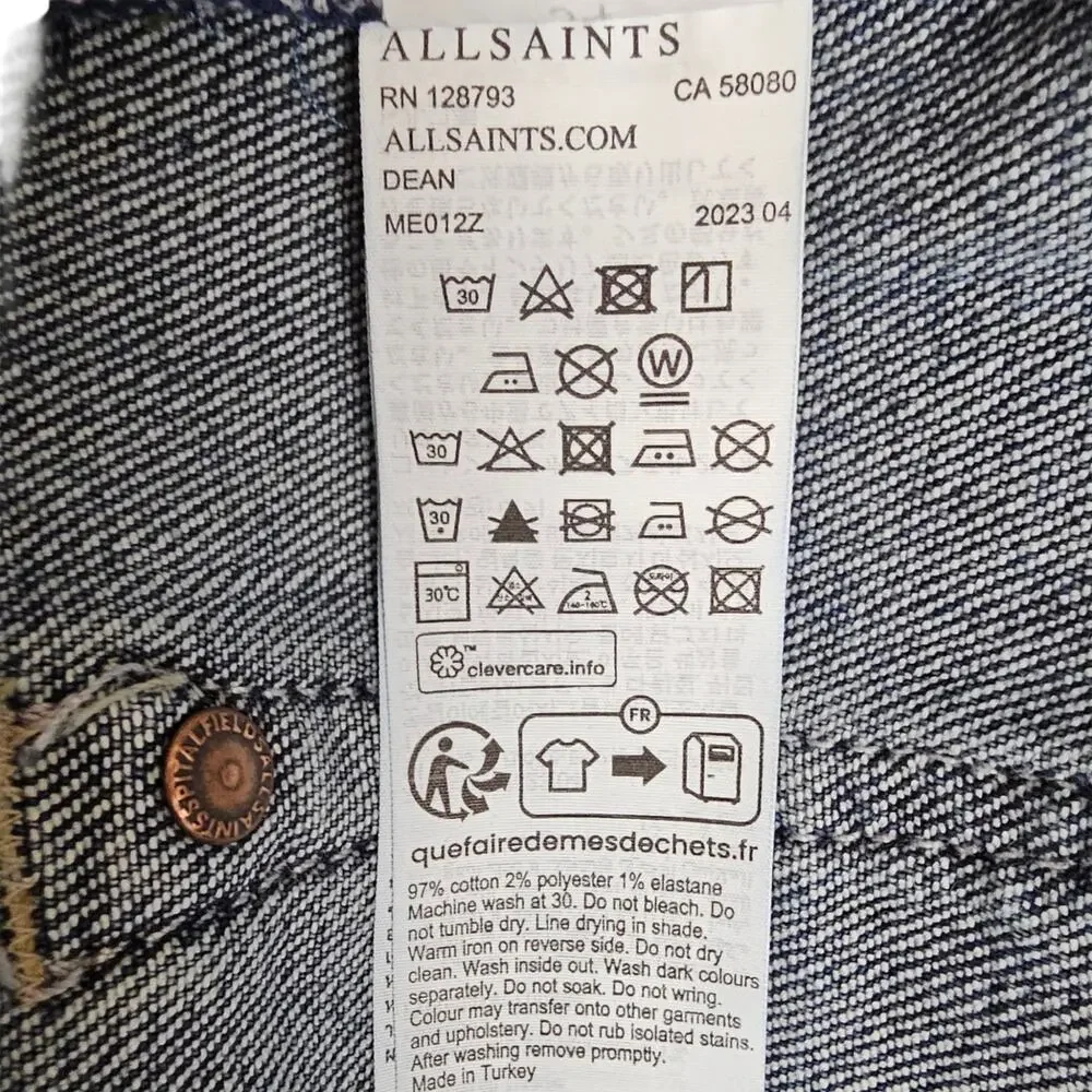 AllSaints Dean Slim Leg Cropped Stretch Denim Button Fly Jeans 34W